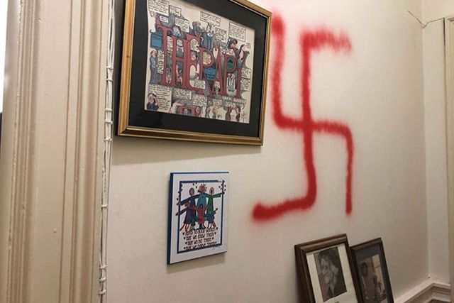 A Jewish professor's office at Columbia Teachers College was vandalized with anti-Semitic graffiti, including swastikas and an anti-Semitic slur.
